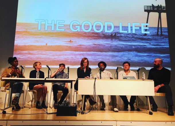 Kate Crawford (center) leads a panel of artists and researchers, including Brain, who discussed dataset bias and the Enron email archive's lasting impact.