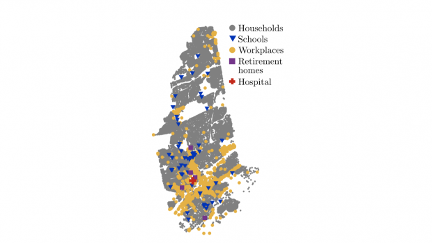 Map of New Rochelle, with markers for hospitals, schools, offices, retirement homes and residences.