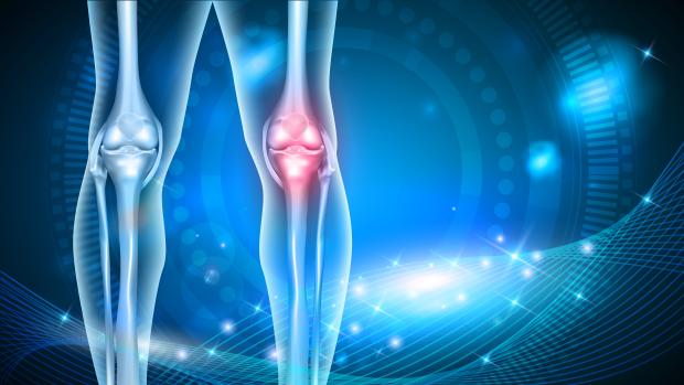 xray illustration of knee joints, one is red