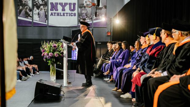 Senior Vice Dean Eray Aydil giving a speech during the 2024 commencement