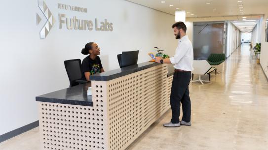 bright reception desk at NYU Tandon Future labs