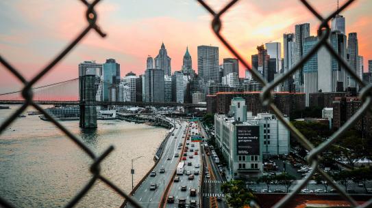 A view of the Brooklyn Bridge and NYC skyline