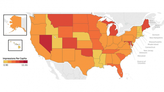 map showing facebook impressions per capita